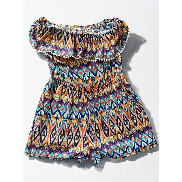 Boho Tube Top Romper Small Tribal Print Elastic Waist Ruffle Pom Trim Coachella - Picture 4 of 13